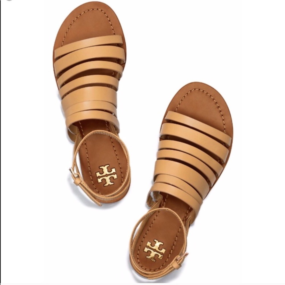 Tory Burch cognac tan ankle strap flat sandal